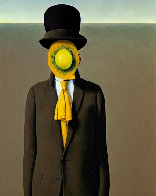 Prompt: painting of a man with a kiwifruit covering his face, wearing a bowler hat and overcoat and necktie, standing in front of a barren wasteland of smoke and fire, oil on canvas, style of Rene Magritte, by René Magritte