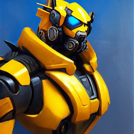 Image similar to greg manchess portrait painting of bumblebee the transformer as overwatch character, medium shot, asymmetrical, profile picture, organic painting, sunny day, matte painting, bold shapes, hard edges, street art, trending on artstation, by huang guangjian, gil elvgren, ruan jia, greg rutkowski, gaston bussiere