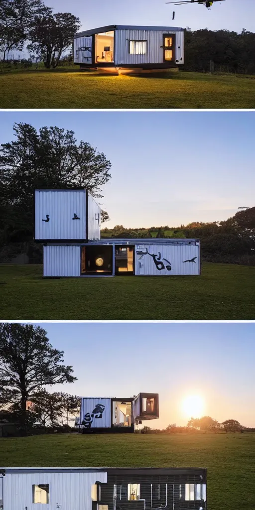 Image similar to a mechanical highly detailed shipping container converted to a modern house with drone propellers on top of the house the entire thing is hovering shown from a distance over a field centered perfect symmetry cinematic lighting