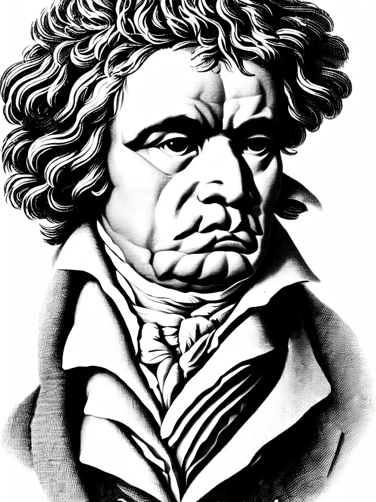 Prompt: a single line art portrait of writer beethoven.