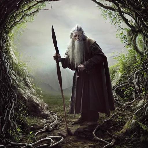 Image similar to the evil ian mckellen smithing on an anvil as gandalf in a dark viking hood playing odin all father crafting the plant of life with vines on an anvil, highly detailed, cinematic shot, cinematic lighting, 8 k, exquisit facial detail, magical realism painting, chiaroscuro, dark painting.