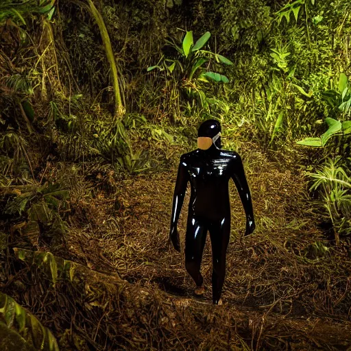 Image similar to national geographic photo, a man wearing a black shiny latex suit including pants and a shirt and mask crawling through dense jungle underbrush, night photo,