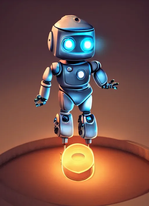 Image similar to a cute little robot, wearing clothes, clockwork gears visible in a hole in his chest, global illumination, radiant light, detailed and intricate environment