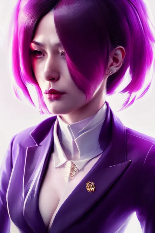 Prompt: hyperdetailed very close portrait of a european thirty years old woman in an elegant suit with a pin in a cyberpunk city inspired by ross tran and wlop and masamune shirow and kuvshinov, concept art, intricate, photorealistic, octane render, rtx, hdr, unreal engine, dnd digital art by artgerm fine face