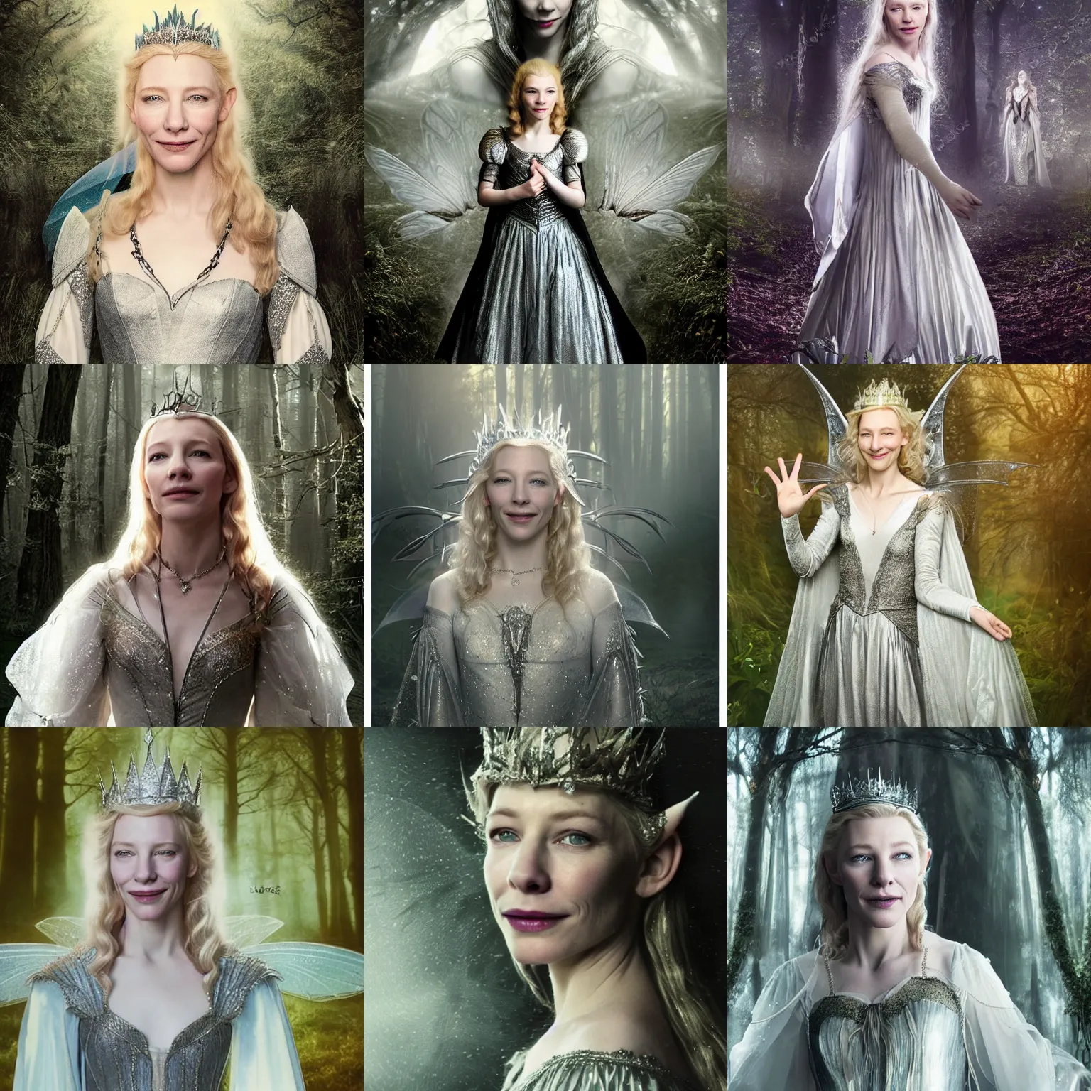 Prompt: portrait of mischievous, dangerous young, smiling Galadriel (young Cate Blanchett) as a queen of fairies, dressed in a beautiful silver dress. The background is a dark, creepy eastern europen forrest. night, horroristic shadows, high contrasts, lumnious, foggy effect, photorealistic, dreamlike, mist filters, theatrical, character concept art by Henry Meynell Rheam