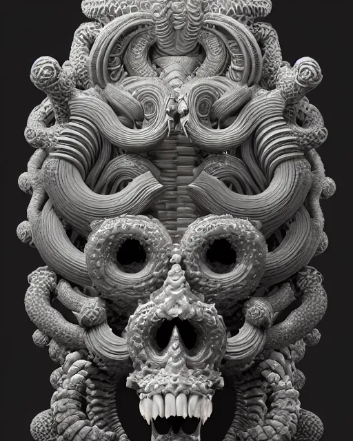 Image similar to 3 d ornate carved medusa with profile portrait, sigma 5 0 0 mm f / 5. beautiful intricate highly detailed quetzalcoatl skull. bioluminescent, plasma, lava, ice, water, wind, creature, thunderstorm! artwork by tooth wu and wlop and beeple and greg rutkowski, 8 k trending on artstation