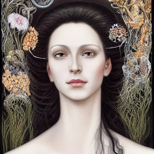 Image similar to facial portrait of a young pretty woman in flowing dress, arrogant, mysterious, long fine flowing hair, delicate, looking at camera, slightly awkward smile, realistic face, hands behind back, intricate, stylish, elegant, grimdark fantasy, flowers, extremely detailed painting inspired by Gerald Brom and Ernst Haeckel and Greg Rutkowski