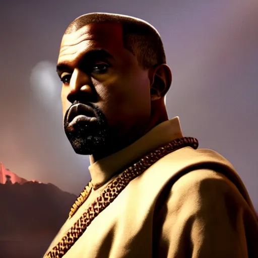 Image similar to Kanye West as Emperor Napoleon in Fallout New Vegas, splash art, movie still, cinematic lighting, dramatic, octane render, long lens, shallow depth of field, bokeh, anamorphic lens flare, 8k, hyper detailed, 35mm film grain