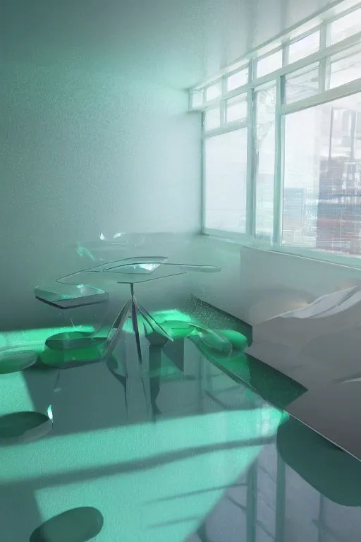 Prompt: high quality 3 d render of an abstract white and green room with floating objects and watery reflecting glass floors and walls, matte colorful gradients, unreal engine octane render raytracing, diffuse light