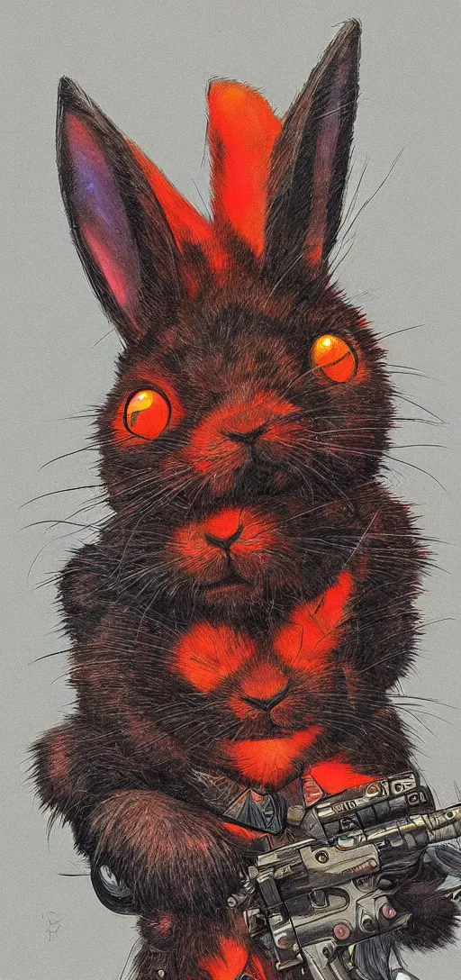 Image similar to portrait of neon fur rabbit with red eyes and a machine gun , 8k, highly detailed, sharp, realistic, in style of Brom