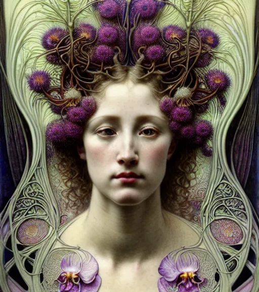 Image similar to beautiful orchid fairy detailed realistic porcelain face portrait by jean delville, gustave dore, iris van herpen and alphonse mucha, art forms of nature by ernst haeckel, art nouveau, symbolist, visionary, gothic, neo - gothic, pre - raphaelite, fractal lace, intricate alien botanical biodiversity, surreality, hyperdetailed ultrasharp octane render