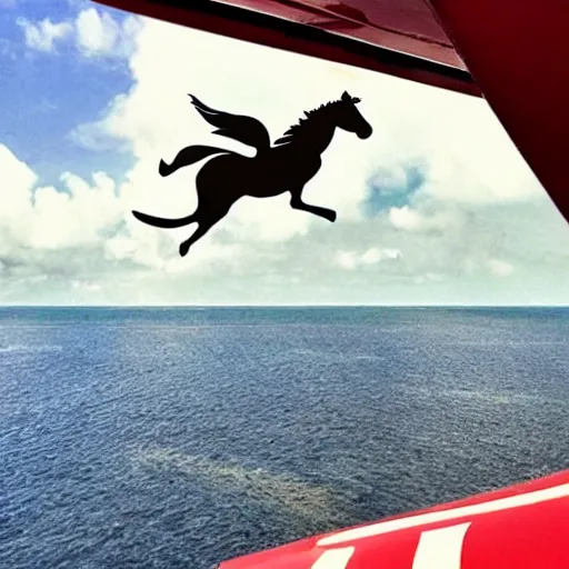 Prompt: a horse got on top of the roof of a plane, and flies it to the maldives, the islands, style of photorealism,