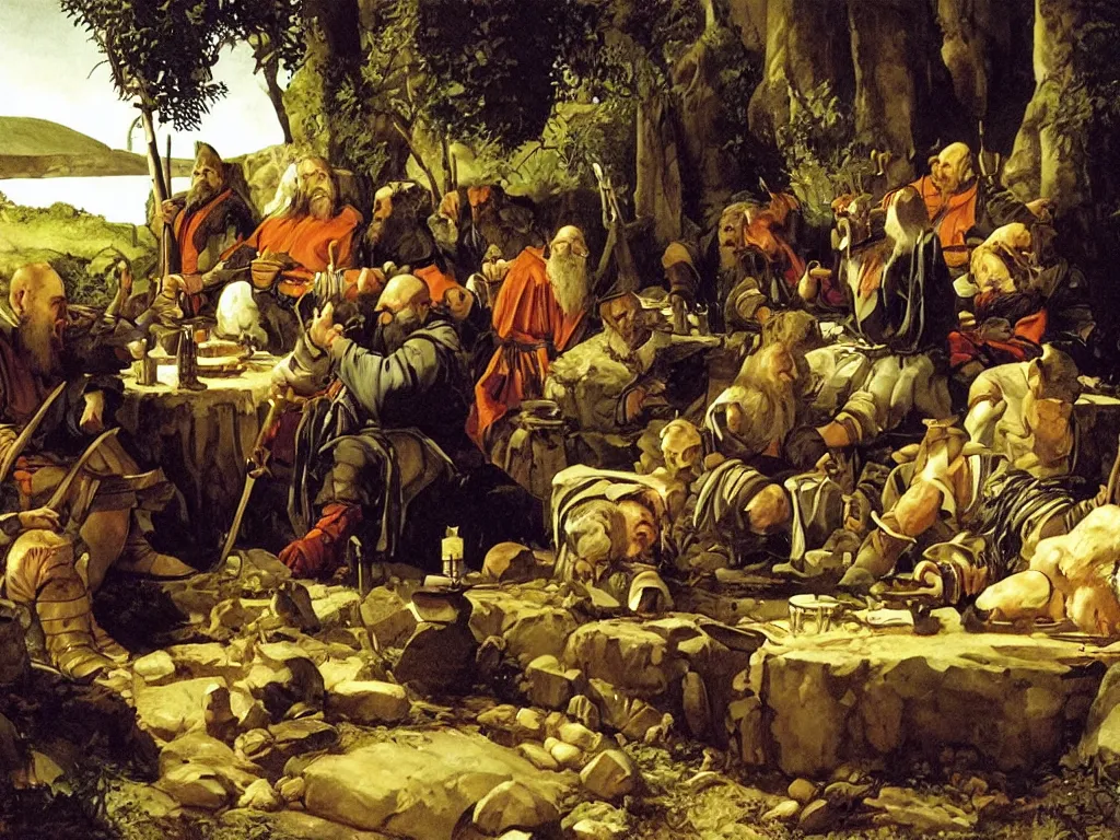 Image similar to dwarves having a feast in moria, ferns. painting by georges de la tour