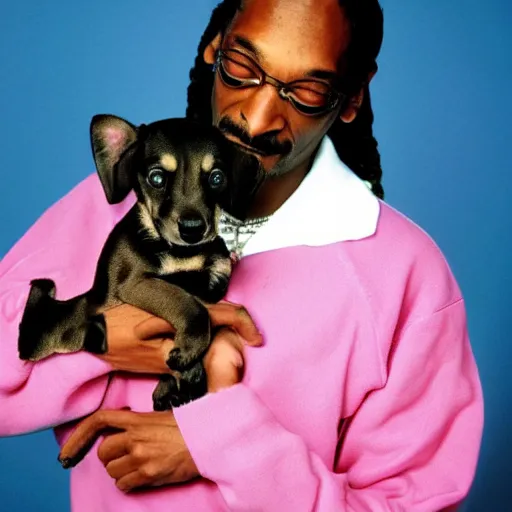 Image similar to Snoop Dogg holding a little puppy for a 1990s sitcom tv show, Studio Photograph, portrait, C 12.0
