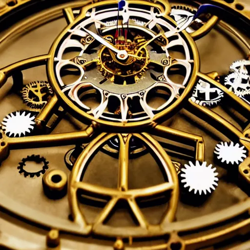 Prompt: a close up of a clock with many gears, a flemish baroque by takashi murakami, behance, kinetic art, steampunk, skeuomorphic, made of liquid metal