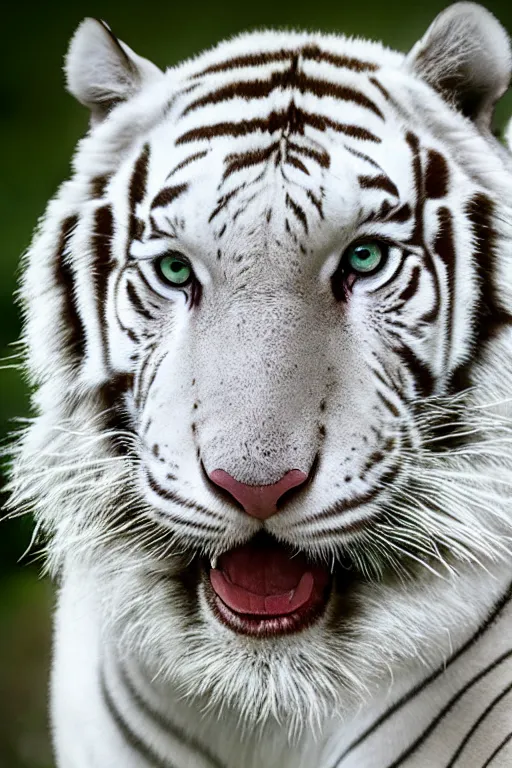 Prompt: beautiful photo of a white tiger in a rain forest in the early hours of the morning with morning fog and dew on the grass. sunrise. nature. photography. national geographic. detailed face and fur, ultra hd, sharp. volumetric lighting, hasselblad. nikon z 9. 1 0 0 mm. f / 2. 5