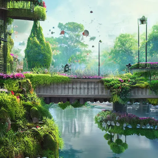 Prompt: a beautiful nature civilization, fancy, flowers, bridges, malls, shops, nature city, people, tree houses, wet reflections, unreal engine 5, octane, smooth, ray tracing, hyper detailed, hyper realism, fantasy, trending on artstation, behance, deviantart