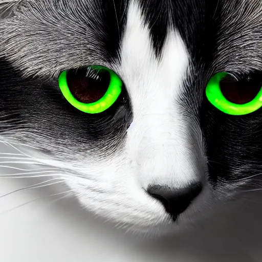 Image similar to a black and white cat highschool yearbook photo colorful bright green eyes, medium shot, hd, 8k, hyper-realism, detailed, octane 8k,