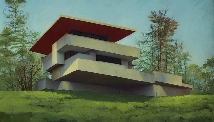 Image similar to modern house on a green hill between trees, frank lloyd wright, simon stalenhag