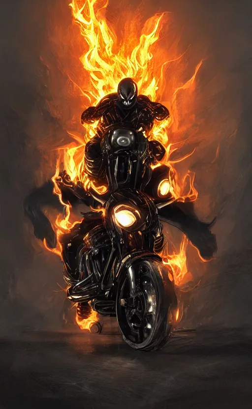 Image similar to venom as ghost rider on a motorcycle, dynamic lighting, photorealistic fantasy concept art, trending on art station, stunning visuals, terrifying, creative, cinematic