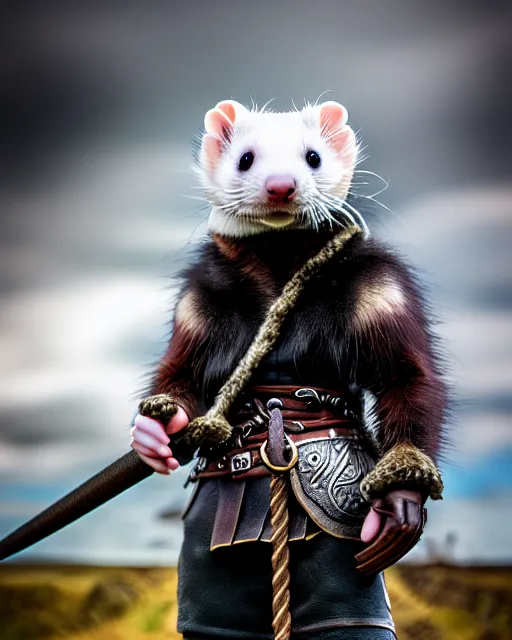 Image similar to ferret warrior, furry, fantasy, viking, high detailed, photography, cloudy, lightweight leather armour, scandinavia, plain, detailed face, look into the distance, serious face, full body, in full growth, professional photographer, masterpiece, 5 0 mm, extremely detailed, 8 k