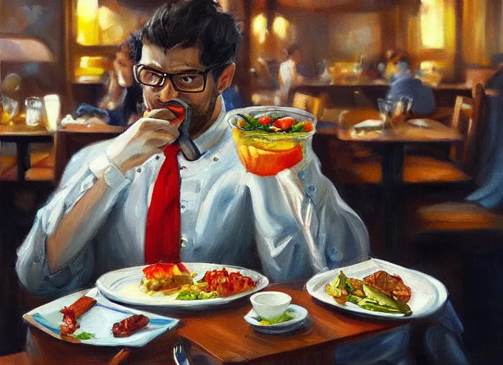 Image similar to a painting of mr krabs eating at a restaurant, highly detailed, photorealistic, trending on artstation, cgsociety, sharp focus