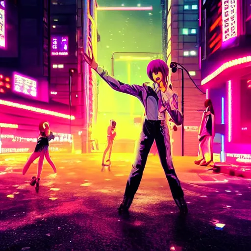 Image similar to city pop idol dancing in the apocalypse cyberpunk, accurate features, focus, very intricate ultrafine details, masterpiece, 8 k hd, realistic shaded lighting, detailed render, detailed backgrounds, epic composition, soft neon lights, rain