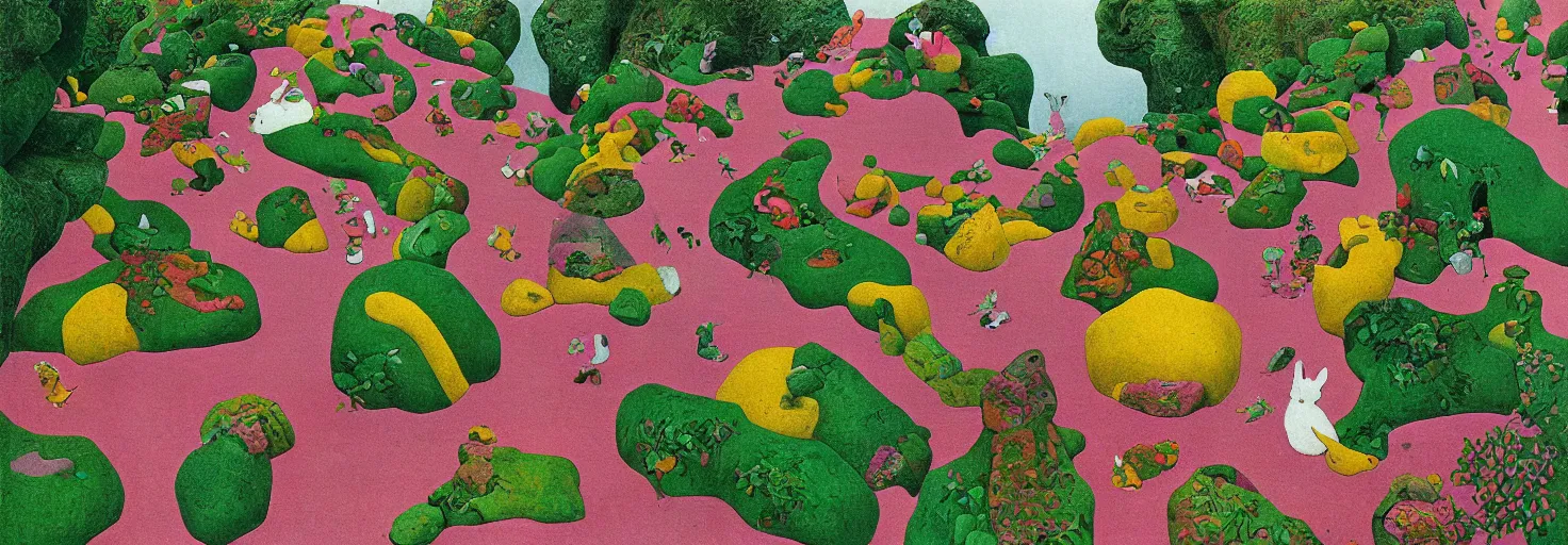 Image similar to a rock garden filled with pink rabbits, by m. c. escher, yellow, green, red, snowy, ultra sharp, ultra detailed, cyberpunk, happy, uplifting, colorized by salvador dali