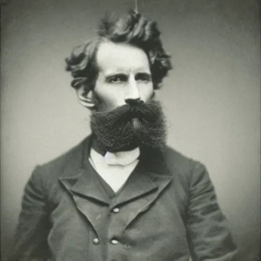 Prompt: A photograph portrait of Jerma985 with crazy hair and a pyramidal mustache in the late 1800s, taken in the late 1800s, 1870s, grainy, taken on a Field View Camera, realistic, hyperrealistic, very realistic, highly detailed, very detailed, extremely detailed, detailed, digital art, trending on artstation