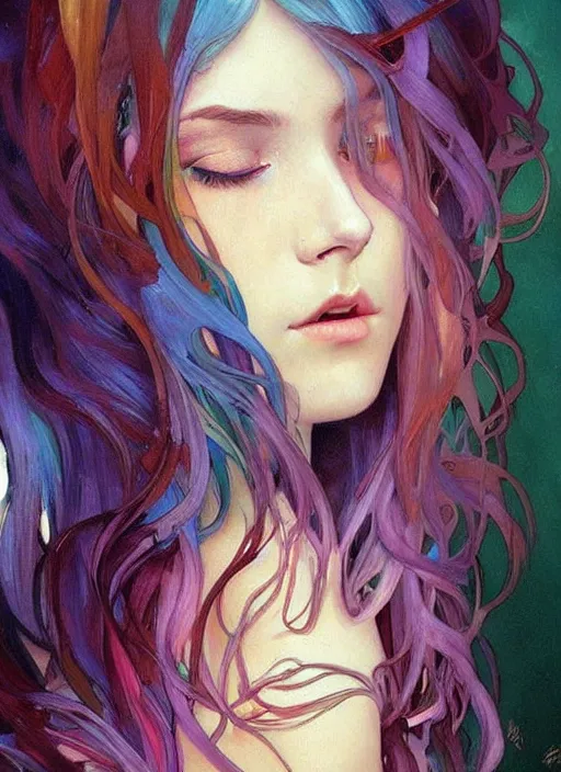 Image similar to a young woman with beautiful rainbow hair. she looks very sad, crying. beautiful painting by artgerm and greg rutkowski and alphonse mucha