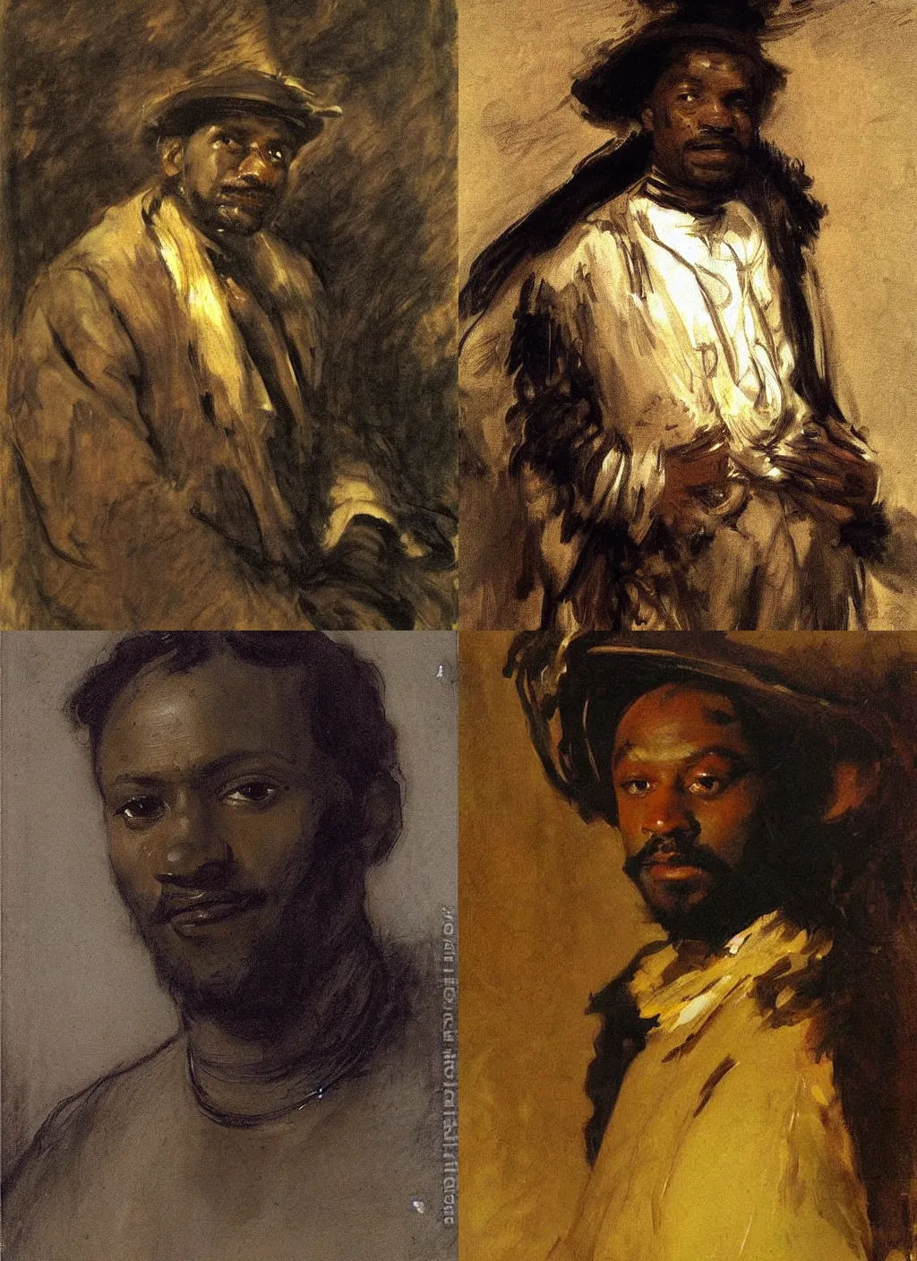 Prompt: Dark skin man portrait, loose fantasy clothing, happy, John Singer Sargent, Rembrandt, Rutkowski,