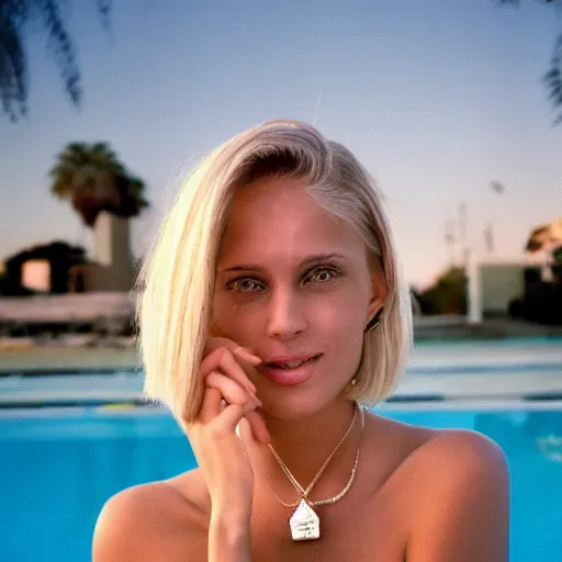 Image similar to a detailed portrait of a beautiful woman with short blond hair, look like model, wearing diamond earrings and necklace and rings, sitting in the pool, skinny, evening, los angeles landscape on background, 1 9 7 0 film photography