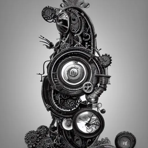 Prompt: mythical black and white organic bio - mechanical rendering of an axe and a computer. highly detailed, intricate steampunk ornate, poetic, 3 d render, digital art, octane render, 8 k artistic photography, photo - realistic