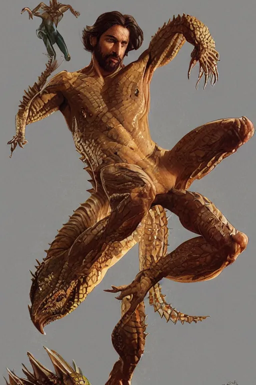 Image similar to fullbody!! dynamic action pose, jesus christ portrayed as a lizard reptile man, intricate, elegant, highly detailed, digital painting, artstation, concept art, smooth, sharp focus, illustration, art by artgerm and greg rutkowski and alphonse mucha