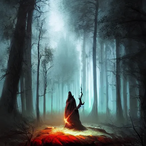 Image similar to ''cinematic shot'' dark hooded mage using his magic to create zombies in the dead forest with leaves falling simetrical 8 k atmosferic realistic made by ivan aivazovsky, peter mohrbacher, greg rutkowski volumetric light effect broad light oil painting painting fantasy art style sci - fi art style realism premium prints available artwork unreal engine