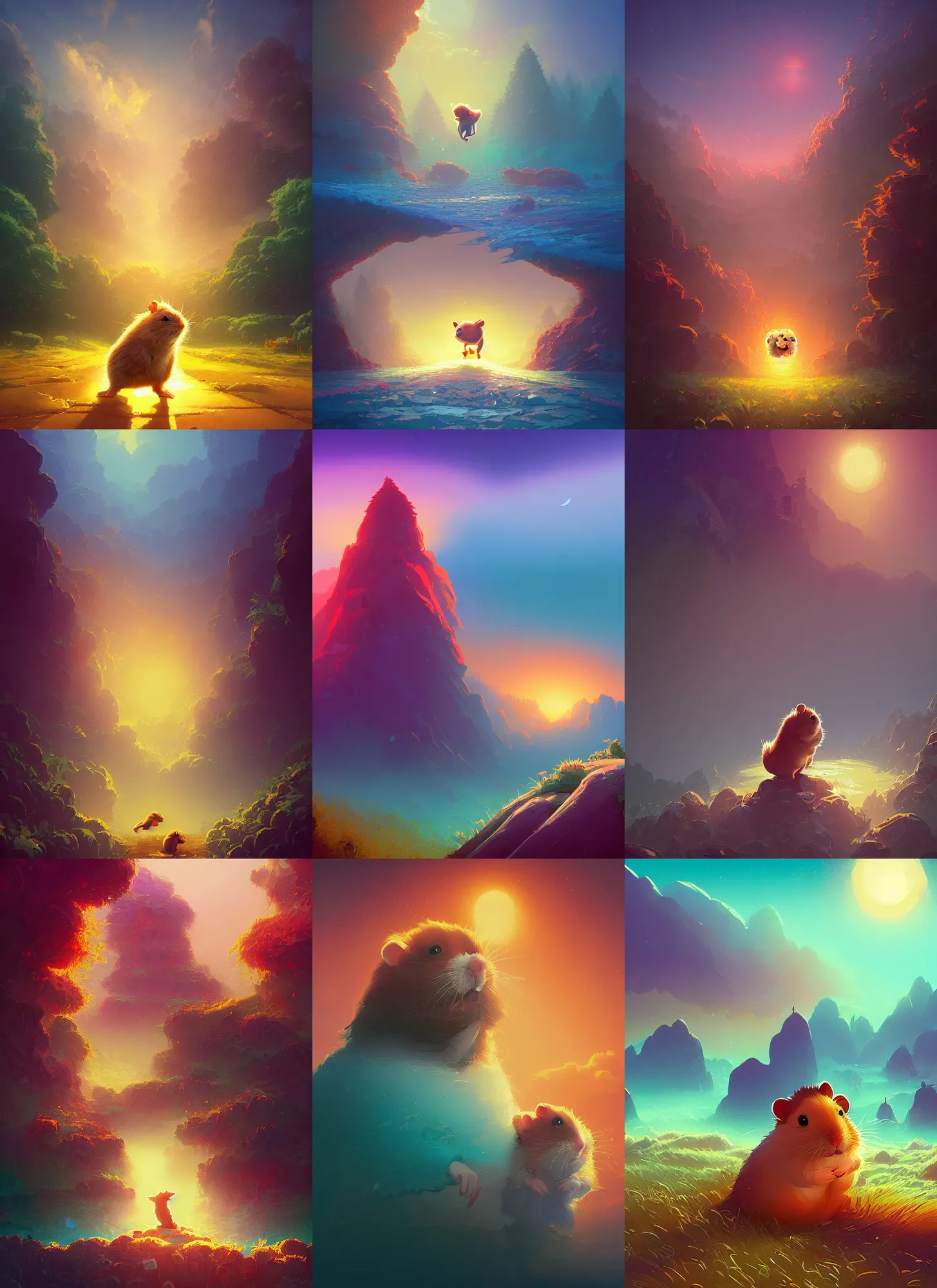 Prompt: a hamster who is Jesus, Alena Aenami, Petros Afshar, Noah Bradley, Anton Fadeev, Anato Finnstark, Steve Henderson, Filip Hodas, Mark Keathley, Thomas Kinkade, Phil Koch, Gilbert Williams, Mike Winkelmann, Beeple