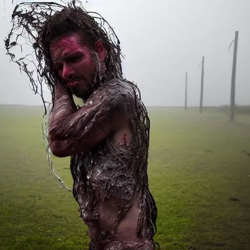 Prompt: The performance art shows a man caught in a storm, buffeted by wind and rain. He clings to a tree for support, but the tree is bent nearly double by the force of the storm. The man's clothing is soaked through and his hair is plastered to his head. His face is contorted with fear and effort. magenta by Alexej von Jawlensky, by Jamie Hewlett unplanned, defined