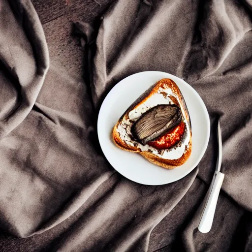 Image similar to toast with nutella and sardine, food photography, 5 0 mm f / 1. 6, sigma lens, elegant