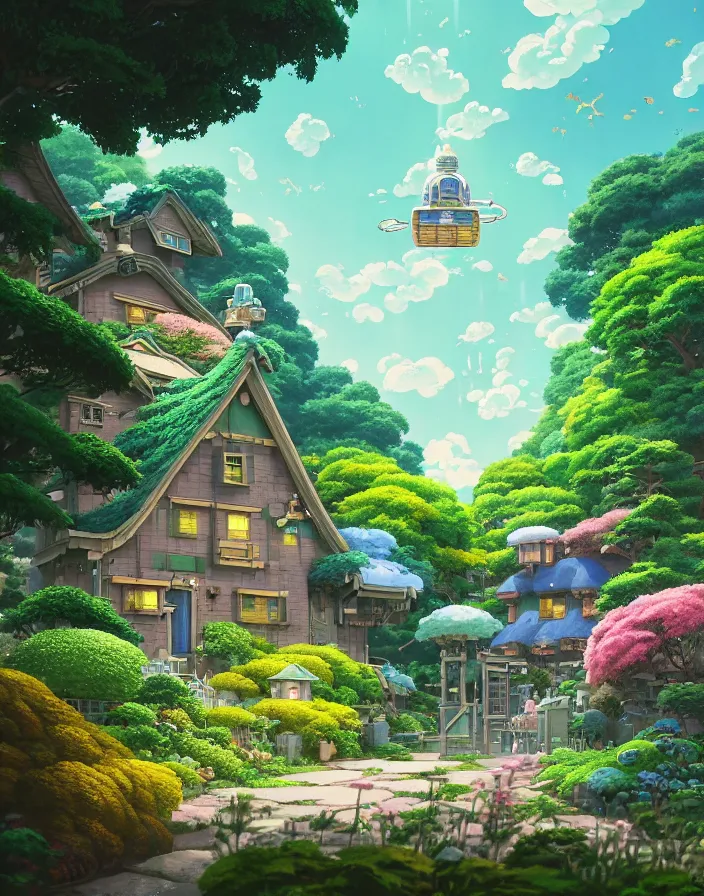 Prompt: STUDIO GHIBLI, flowery cottage,in a flying city, solar, green technology, optimist future by Asher Durand, intricate artwork by Tooth Wu and wlop and beeple and dan mumford and greg rutkowski and nekroxiii. halo. octane render, cinematic, hyper realism, octane render, 8k, depth of field, bokeh. iridescent accents. vibrant.
