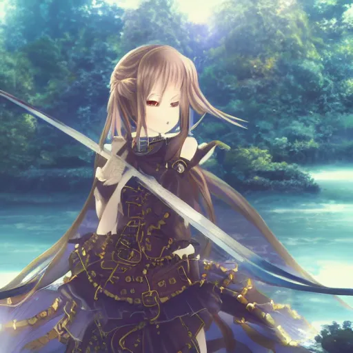 Image similar to anime girl wearing steampunk armor and holding a copper sword, portrait, finely detailed, particles, cinematic lighting, beautiful, lush, trees, river, fog, waterfall,