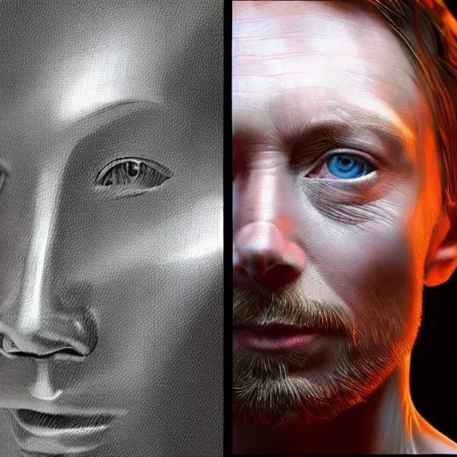 Prompt: concept art, collages, hyper realistic, many variations of very old thom yorke, face variations, statue of ultron by jama jurabaev, very long shot, cybernetic, high quality, brush stroke, for aaa game