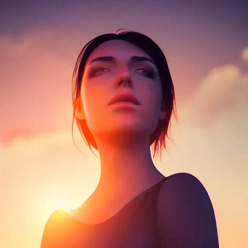 Image similar to aesthetic photo of a woman looking up with a sad expression at sunset, dslr, award winning, 8 k, octane beautifully detailed render, warm mood, cinematic lighting, detailed photo, masterpiece, volumetric lighting, ultra realistic, highly detailed, high quality, lossless, photorealistic, sharp focus, hd