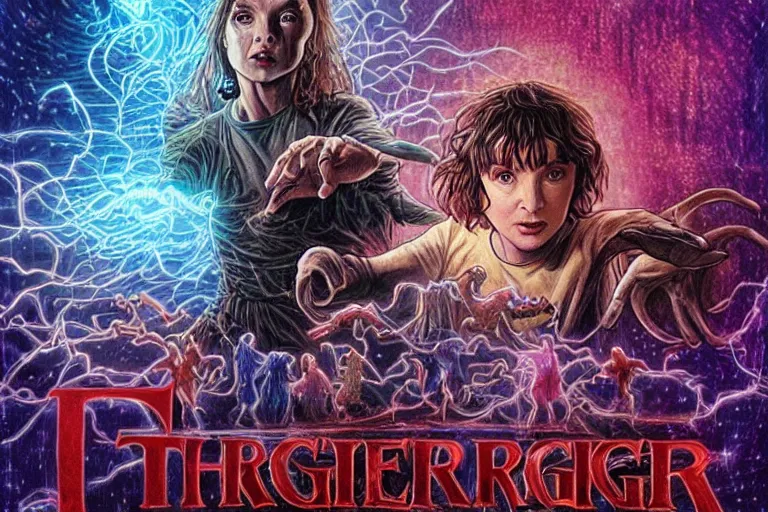 Prompt: Kate Bush fighting Vecna in Stranger Things, by Drew Struzan, 4K