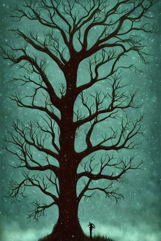 Image similar to surreal, fantasy, fairytale animals, ancient oak tree, haunted woods in silhouettes, by andy kehoe