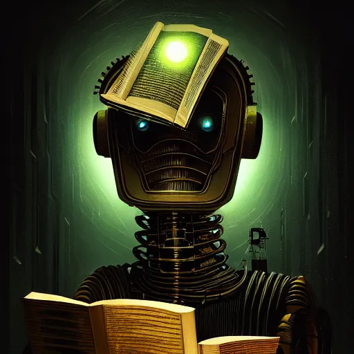 Image similar to dark scifi illustration 3 / 4 portrait of a robot reading necronomicon. cinematic lighting mad scientist style. golden ratio accidental renaissance. in the style of dave mckean. graffiti art, scifi, fantasy, hyper detailed. octane render. concept art. trending on artstation