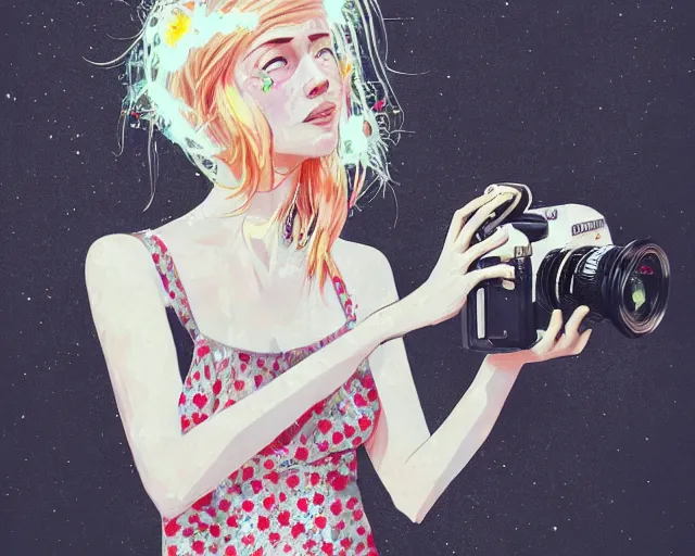 Image similar to pale young woman with bright blonde hair, freckles, gray eyes and a wide face, flowery dress, she is holding a professional dslr camera close to her face with one hand, dramatic lighting, bright flare, expressive, surrealist art by conrad roset