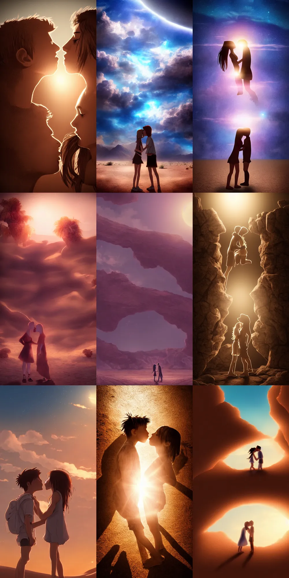 Prompt: boy and girl kissing before end of time, desert oasis intricate background, cinematic lighting, anime, toon, soft lighting, epic scene, by comix wave films studio