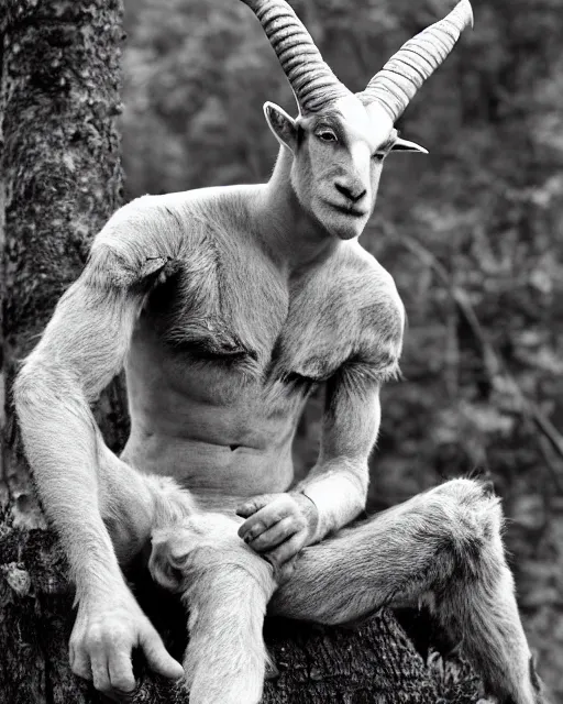 Prompt: actor Roddy McDowell in Elaborate Pan Satyr Goat Man Makeup and prosthetics designed by Rick Baker, Hyperreal, He has goat man legs, cloven feet and horns, He is sitting on a log near a beautiful meadow holding his flute. A beautiful Maiden in a beautiful Sandy Powell designed Victorian era dress can be seen off in the distance