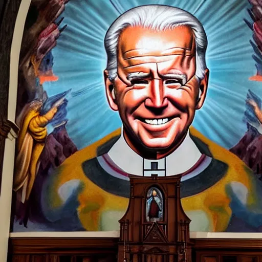 Image similar to a church mural of joe biden as a god, 4 k, highly detailed, painted by michelangelo