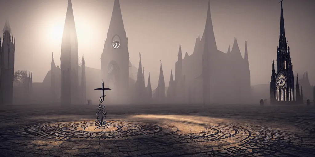 Prompt: a huge delicate metal Sundial in the moonlight, Behind the tall and delicate gothic church at night, with ghosts floating in the foreground, light through the mist, dramatic lighting, photorealistic, cinematic lighting, high detail, cinematic feel, high octane, 4K, Unreal Engine, digital render, intricate, ultra realistic